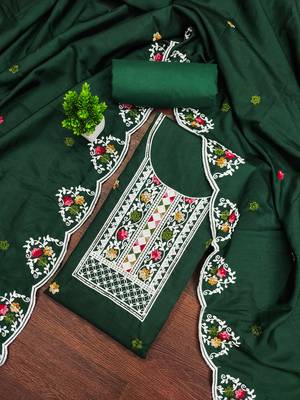 Women's green embroidered cotton dress material 1