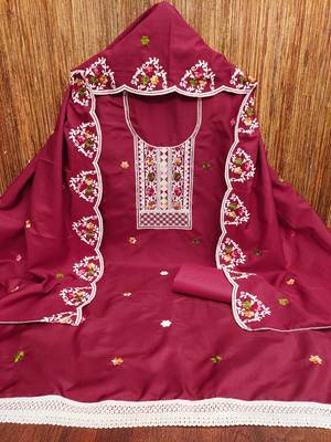 Women's maroon embroidered cotton dress material 3