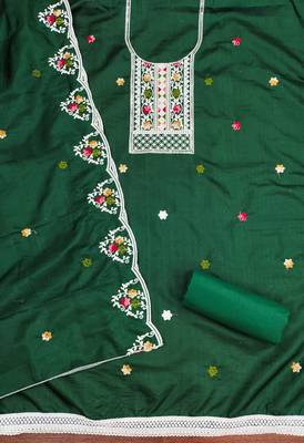 Women's green embroidered cotton dress material 2