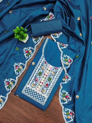 Women's blue embroidered cotton dress material 1