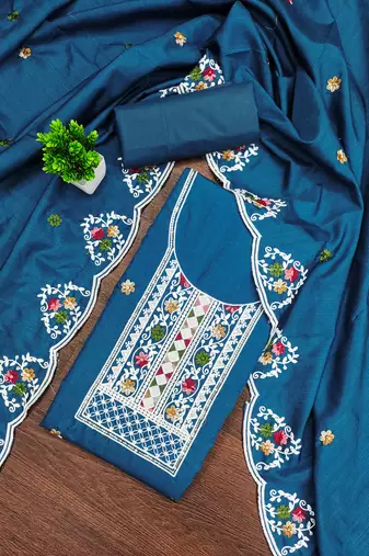 Women's blue unstitched embroidered cotton dress material 