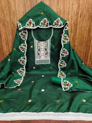Women's green embroidered cotton dress material 3