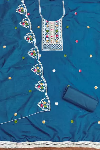 Women's blue embroidered cotton dress material
