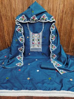 Women's blue embroidered cotton dress material 3