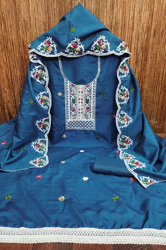 Women's blue embroidered cotton dress material