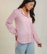 Blue printed satin strped shirt