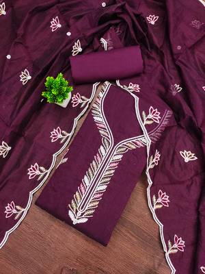 Women's purple embroidered chanderi cotton dress material 1