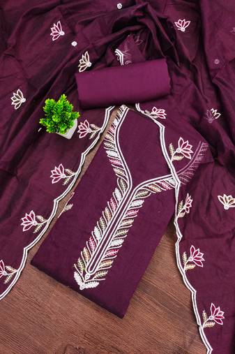 Women's purple unstitched embroidered chanderi cotton dress material 
