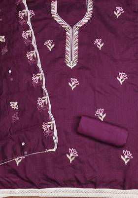 Women's purple embroidered chanderi cotton dress material 2