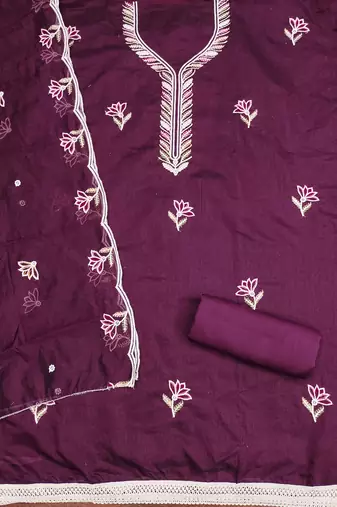 Women's purple embroidered chanderi cotton dress material