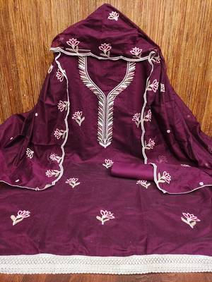 Women's purple embroidered chanderi cotton dress material 3