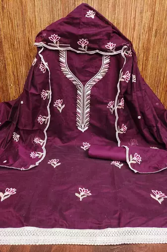 Women's purple embroidered chanderi cotton dress material