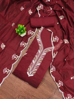 Women's maroon embroidered chanderi cotton dress material 1