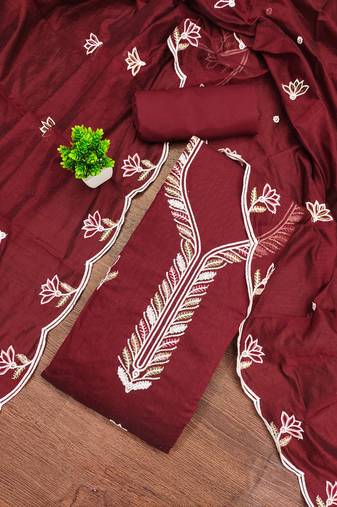 Women's maroon unstitched embroidered chanderi cotton dress material 