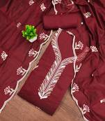Women's maroon embroidered chanderi cotton dress material