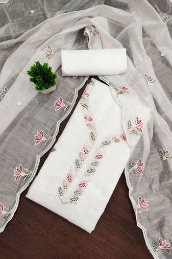 Women's white unstitched embroidered chanderi cotton dress material 