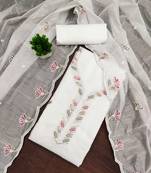 Women's white embroidered chanderi cotton dress material