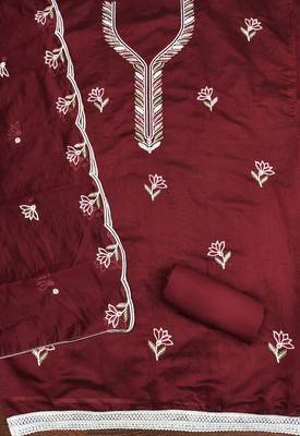Women's maroon embroidered chanderi cotton dress material 2