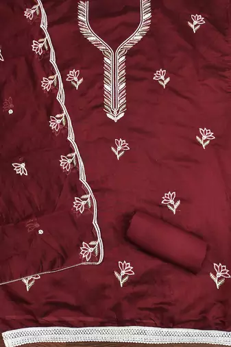 Women's maroon embroidered chanderi cotton dress material
