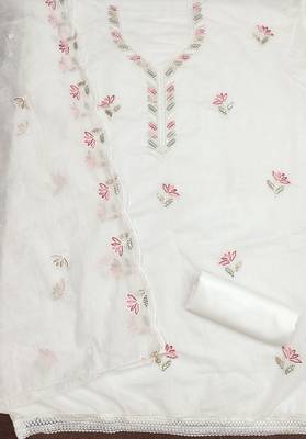Women's white embroidered chanderi cotton dress material 2
