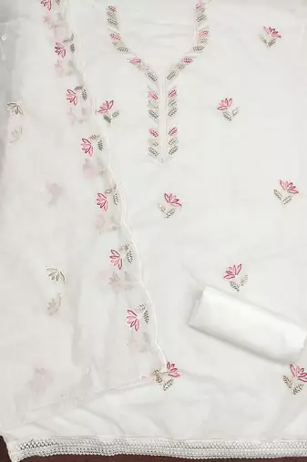 Women's white embroidered chanderi cotton dress material