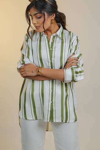 Green printed satin strped shirt