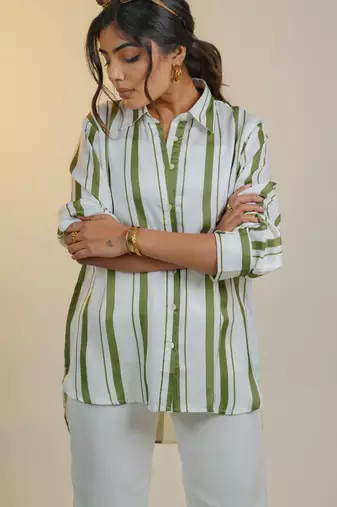 Green printed satin strped shirt