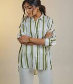 Green printed satin strped shirt