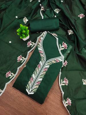 Women's green embroidered chanderi cotton dress material 1