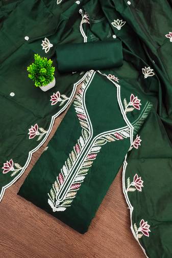 Women's green unstitched embroidered chanderi cotton dress material 