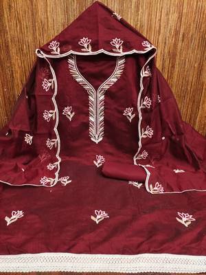 Women's maroon embroidered chanderi cotton dress material 3