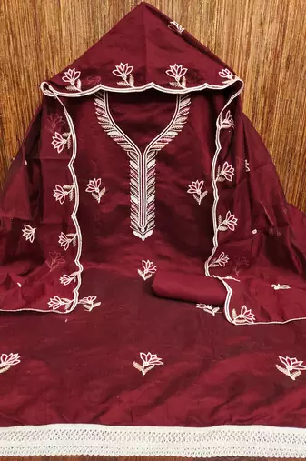 Women's maroon embroidered chanderi cotton dress material
