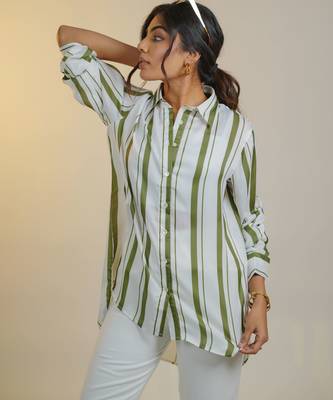 Green printed satin strped shirt 2