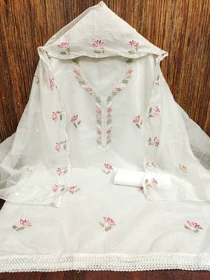 Women's white embroidered chanderi cotton dress material 3