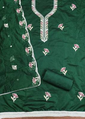 Women's green embroidered chanderi cotton dress material 2