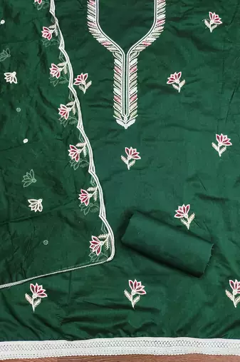 Women's green embroidered chanderi cotton dress material