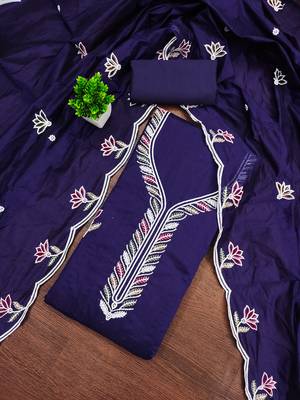 Women's blue embroidered chanderi cotton dress material 1