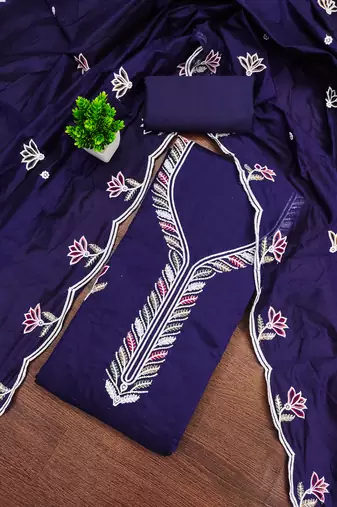 Women's blue unstitched embroidered chanderi cotton dress material 