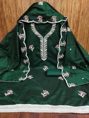 Women's green embroidered chanderi cotton dress material 3