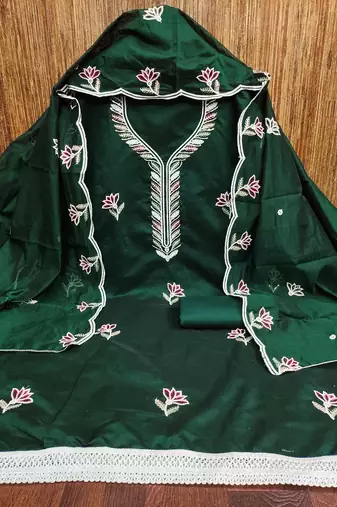 Women's green embroidered chanderi cotton dress material