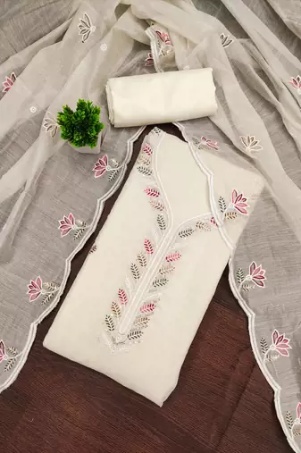 Women's beige unstitched embroidered chanderi cotton dress material 