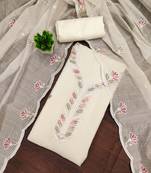 Women's beige embroidered chanderi cotton dress material