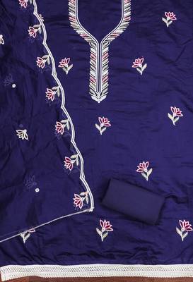 Women's blue embroidered chanderi cotton dress material 2