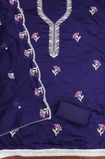 Women's blue embroidered chanderi cotton dress material