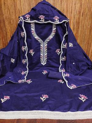 Women's blue embroidered chanderi cotton dress material 3