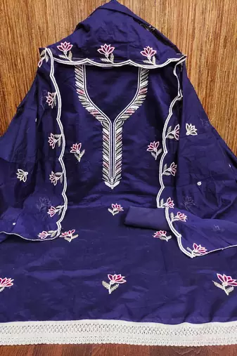 Women's blue embroidered chanderi cotton dress material