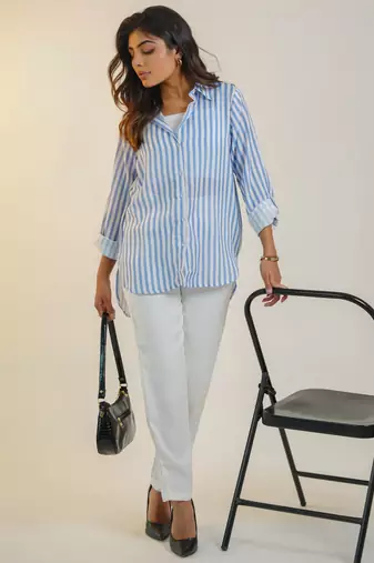 Pink printed striped linen shirt