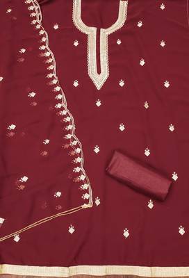 Women's maroon embroidered georgette dress material 2