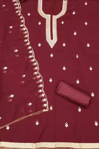 Women's maroon embroidered georgette dress material