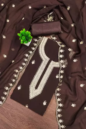 Women's brown unstitched embroidered georgette dress material 